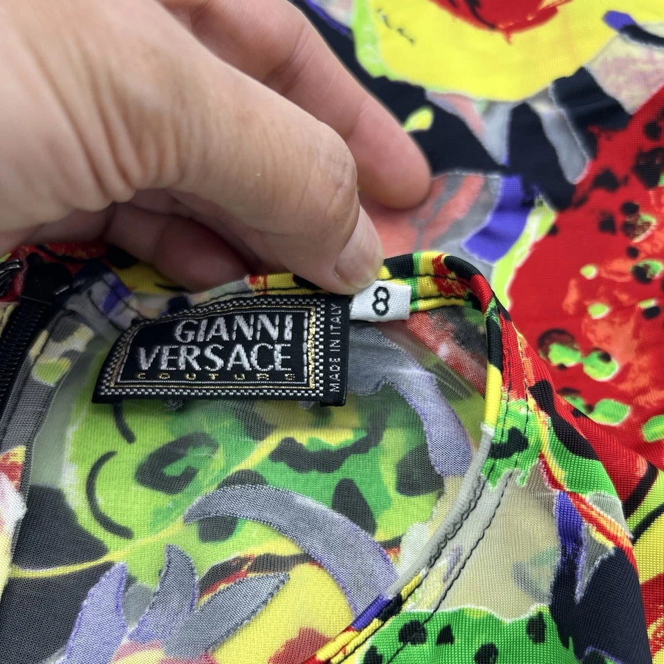 Top de tul con estampado abstracto floral arte pop transparente pasarela Gianni Versace 1997, talla 8/M Foto 4 de 4