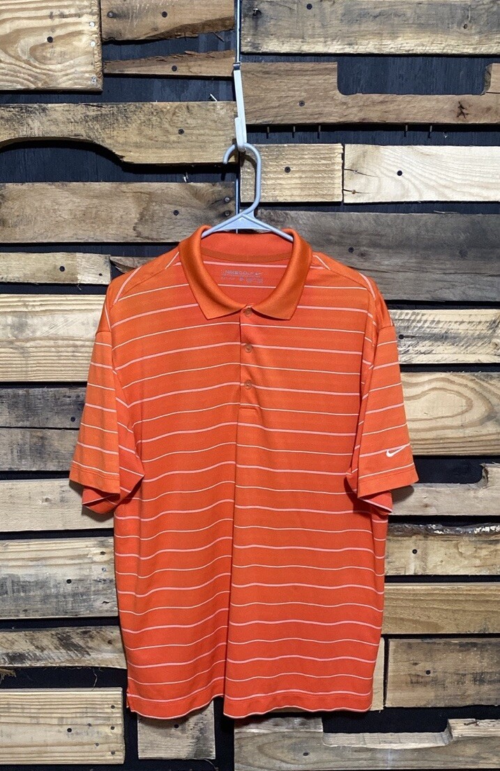 Nike Golf Mens Polo Short Sleeve Shirt Dri-Fit Orange Striped Size Large