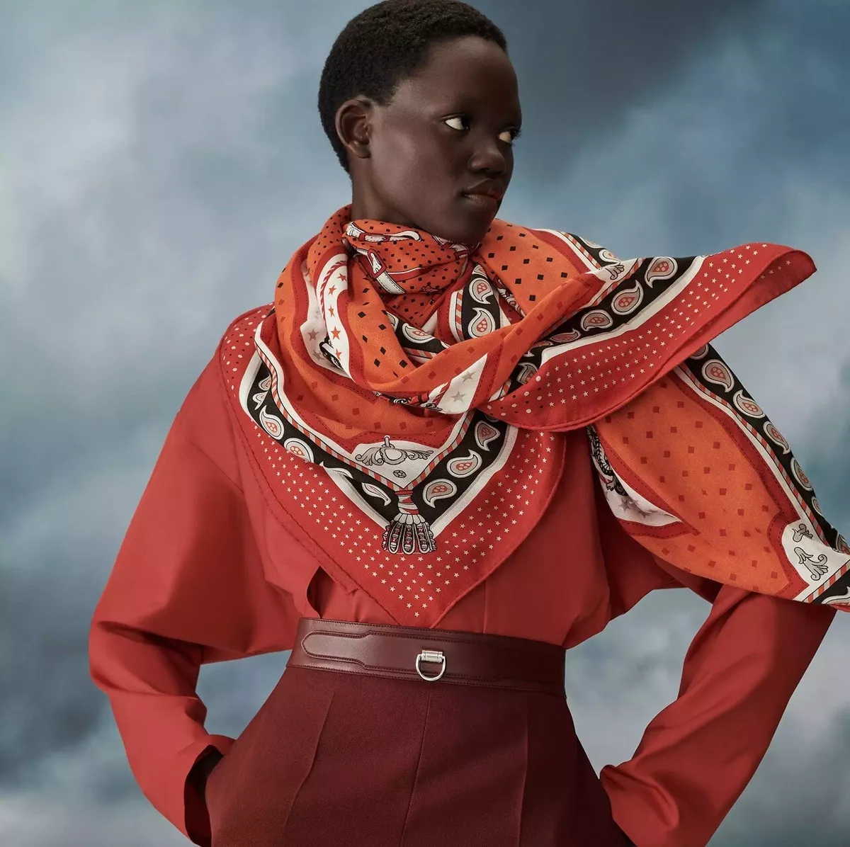Hermes Harnais De Cour Bandana Cashmere Shawl 140CM in Rouge / Vermillon / Ébène