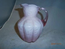 Fenton Art Glass Pink Cased Overlay "Fern" 5" Pitcher Ribbed Applied Handle