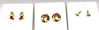 Preowned Three Sets Small Christmas Earrings Studs Gold toned Red White Green