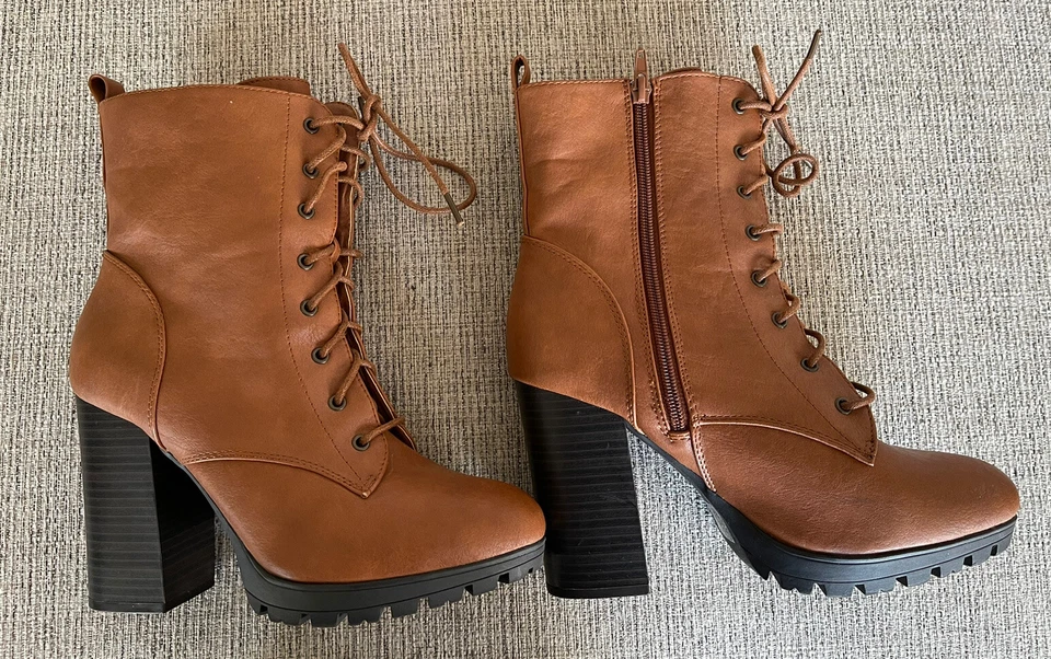 Sexy Botas Charlotte Russe Para Mujer con Cordones/Cremallera Tacón Grueso - Marrón Tostado Talla 9 Foto 4 de 4