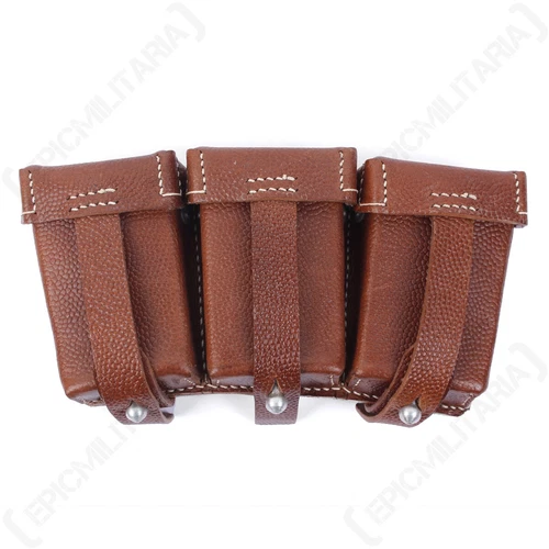 WW2 German K98 Triple Ammo Pouch Stitched Brown Leather - Military Reproduction