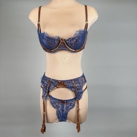 Agent Provocateur Soiree Samarra Blue Lace & Bronze Leather 3 Pc Set 34D/2 small