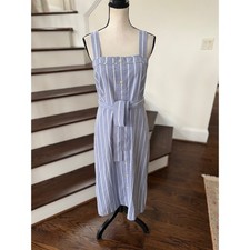 Everlane Blue & White Pin Stripe Cotton Tie Waist Button Front Midi Shirt Dress