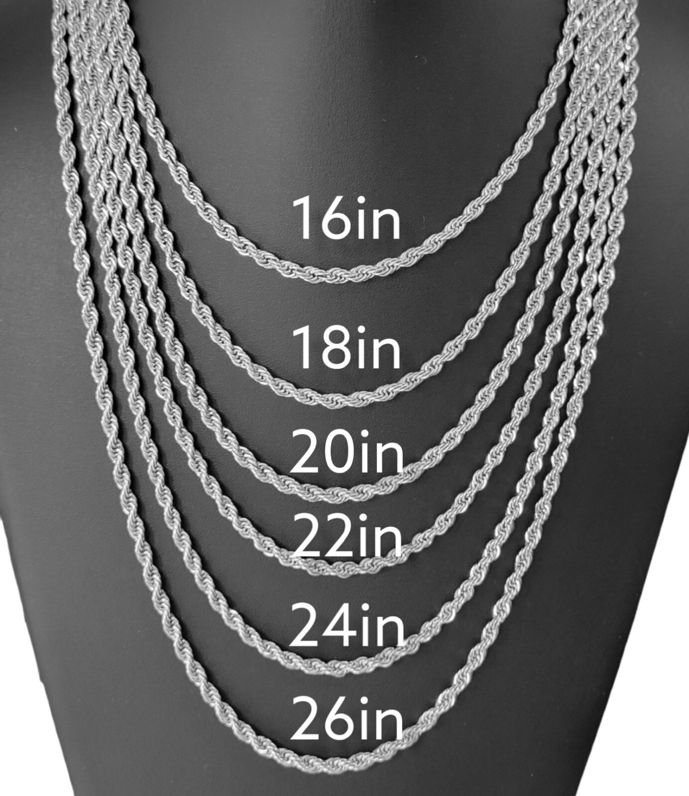 Stainless Steel Rope Chain Necklace 4mm Size 16" to 26" Hip Hop Link Jewelry