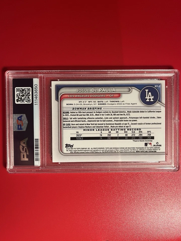 2024 Bowman Chrome Josue de Paula Aqua Mega /125 Red BCP-12 (RC) PSA Gem Mint 10 - Image 2 of 2