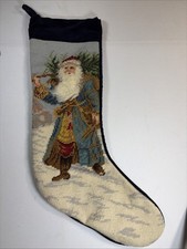 Vintage Needlepoint Stocking Fuzzy Santa Claus Father Christmas Carrying Tree