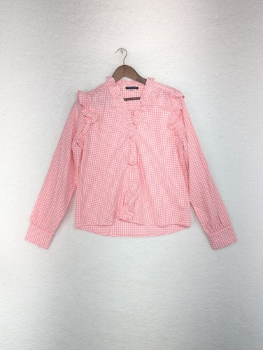 Tommy Hilfiger Women's Pink White Plaid Ruffle Split Long Sleeve Top M