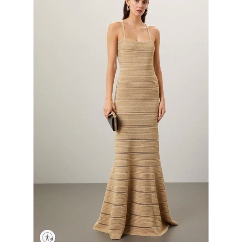 Herve Leger Gold Bandage Gown LARGE Mermaid Metallic Formal Party Designer $1590
