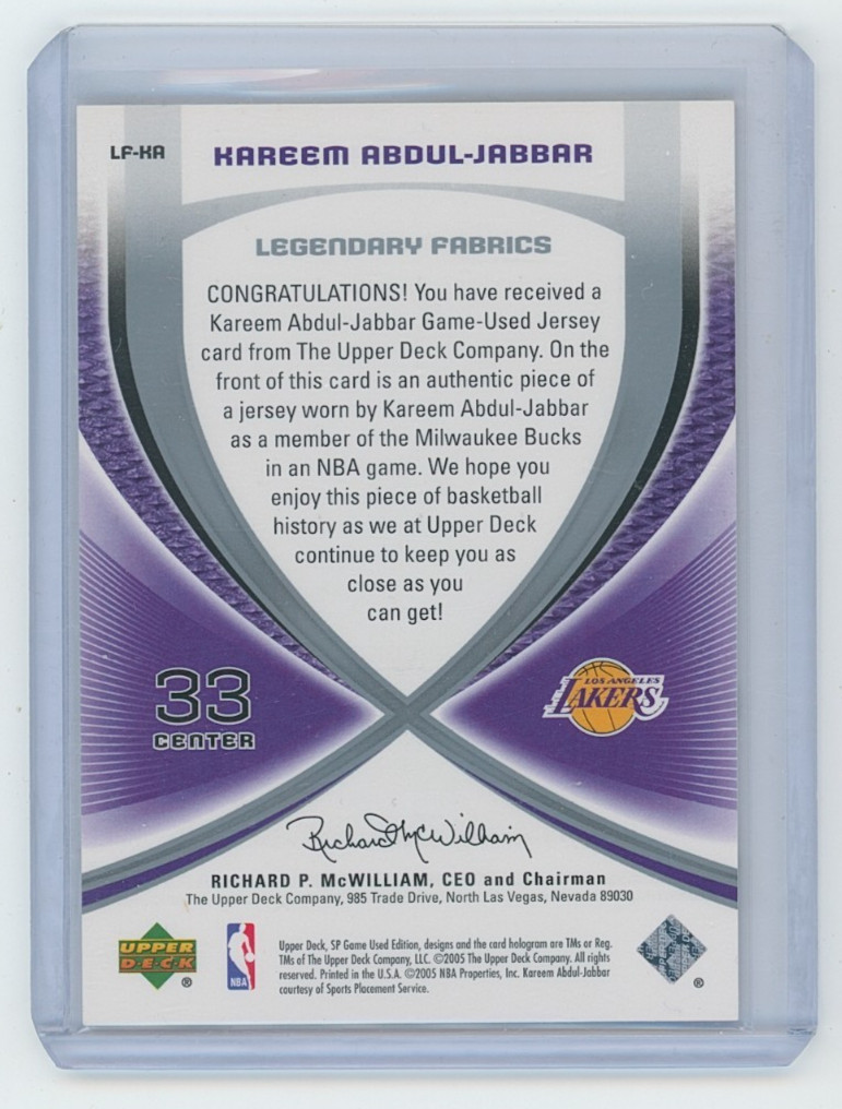2005 -06 Upper Deck SP Game Used Kareem Abdul-Jabbar Legendary Fabrics GU Jersey view 2