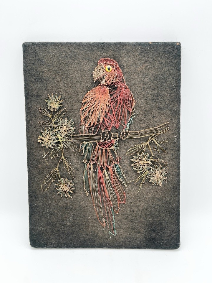 Vintage 70s Parrot String Art Wall Hanging Bird Thread Nail Art MCM Boho