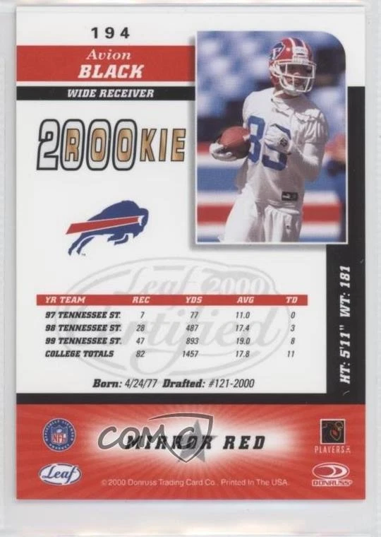 2000 Leaf Certified 2000 Rookie Mirror Red Avion Black #194 Rookie RC - Image 2 of 2