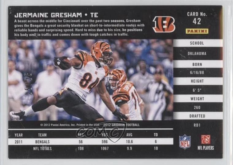 2012 Panini Gridiron Platinum O's /25 Jermaine Gresham #42 - Image 2 of 2