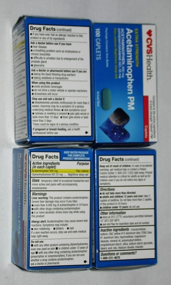 Extra Strength CVS Acetaminophen PM 100 tablets x 4 Pain Reliever EXP 01/26 / 27 - Image 2 of 4