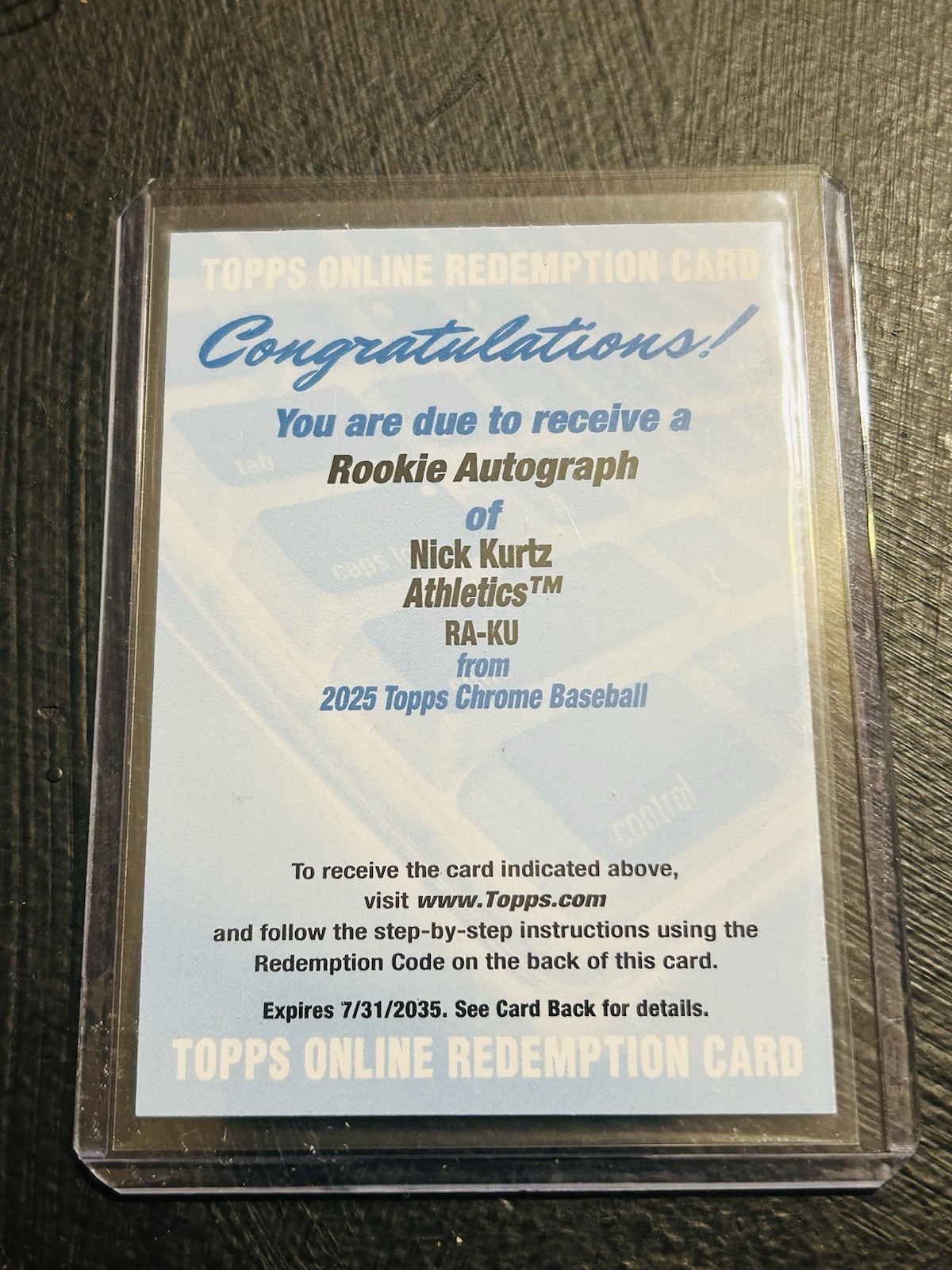 2025 TOPPS CHROME NICK KURTZ RC AUTO REDEMPTION A’s ROOKIE