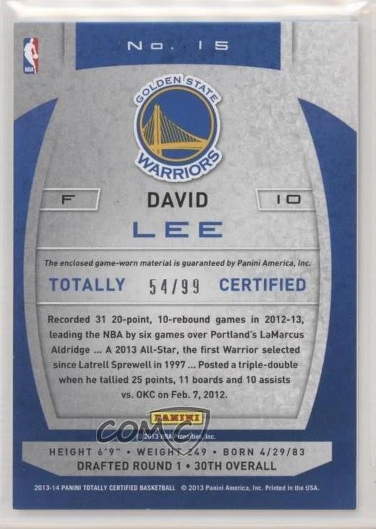 2013-14 Totally Certified Memorabilia Totally Blue /99 David Lee #15 - Image 2 of 2