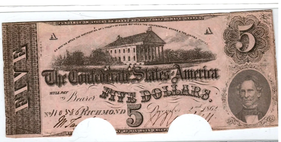 $5 "CONFEDERATE"  (BLUEBACK) "1800'S" $5 RARE "BLUEBACK" $5 "CONFEDERATE" NICE!! - Image 3 of 3