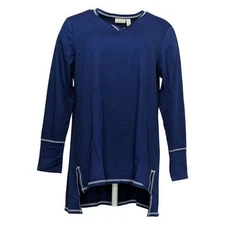 LOGO Lounge by Lori Goldstein Split Neck Terry Top-Indigo Wave-Small-A499637