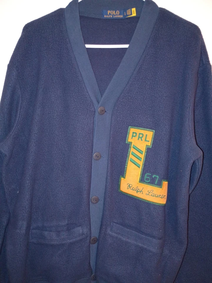 Polo Ralph Lauren Navy Buttoned Varsity Letterman Fleece Cardigan- Lg-New - Image 2 of 4
