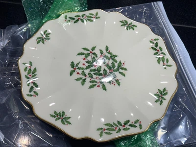 Lenox Holiday Christmas Large Cake Tray Plate Holly Gold Trim - Image 1 of 4