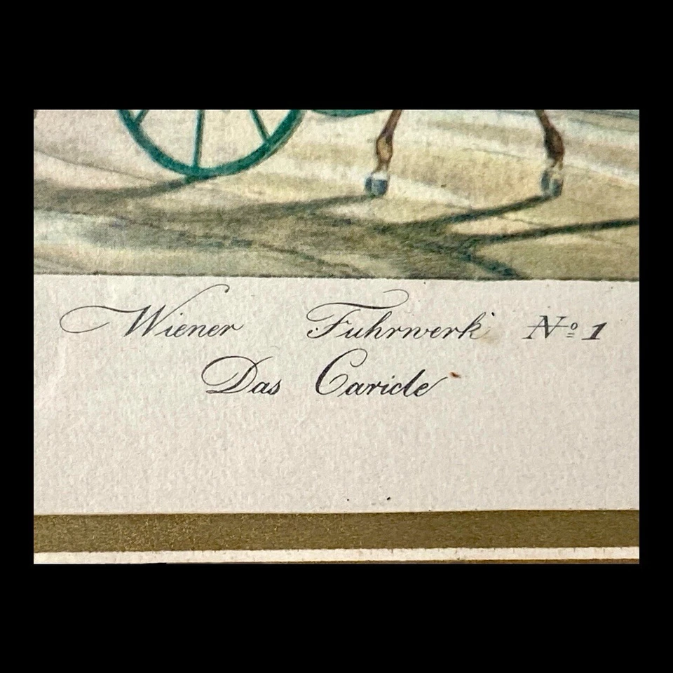 Litografia emoldurada antiga com estampa de carruagem vienense “Wiener Fuhrwerk Das Caricle” - Imagem 3 de 4