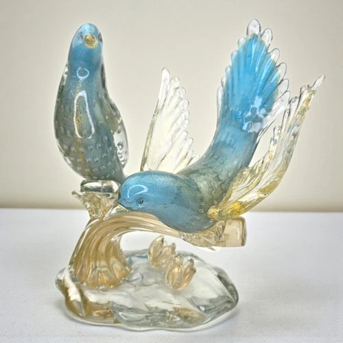 Vintage Barovier and Toso Murano Blue Gold Flecks Italian Glass Birds Sculpture