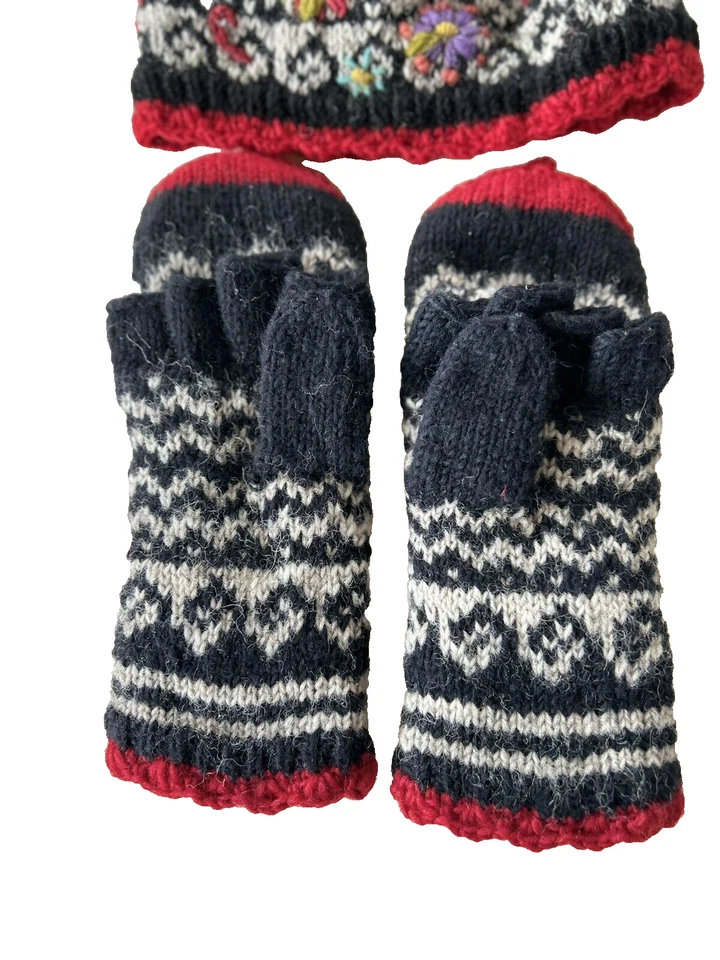 Lost Horizons Handmade In Nepal 100% Wool Hat & Fingerless Mittens - Image 2 of 4