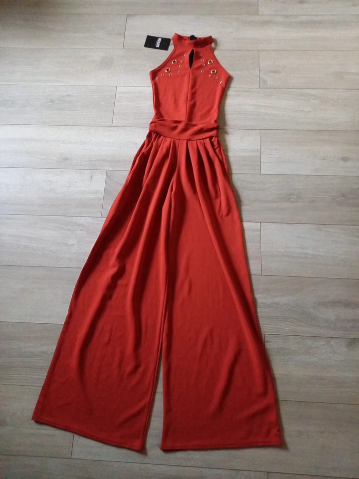 Misslook Rust Tan Stretch Wide Leg Jumpsuit Studded High Neck Evening Party UK8T - Image 2 of 4