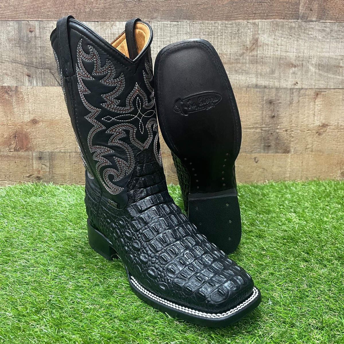 Men's Cowboy Western Boot Crocodile Black Print Square Toe Genuine Leather  720
