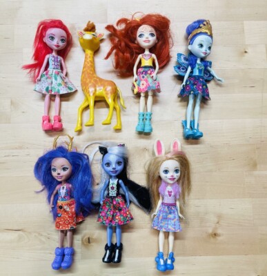 7 Enchantimals Mattel Dolls Bunny Deer Giraffe Peacock Skunk Flamingo Set Of 7