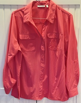 Notations Blouse 2X Women's Long Sleeve Roll tab Button Up Blouse Coral
