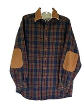 Woolrich Men's XL Blue Plaid Flannel Suede Collar Elbow Patches Shirt Outdoor