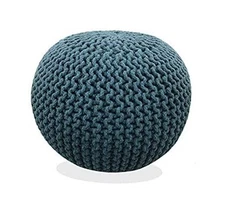  Round Pouf Ottoman Hand Knitted 100% Cotton Pouf Foot Stool - Knitted Teal