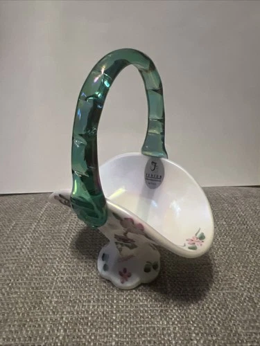 Fenton Mini Basket Iridescent White Milk Glass Floral Painted Signed