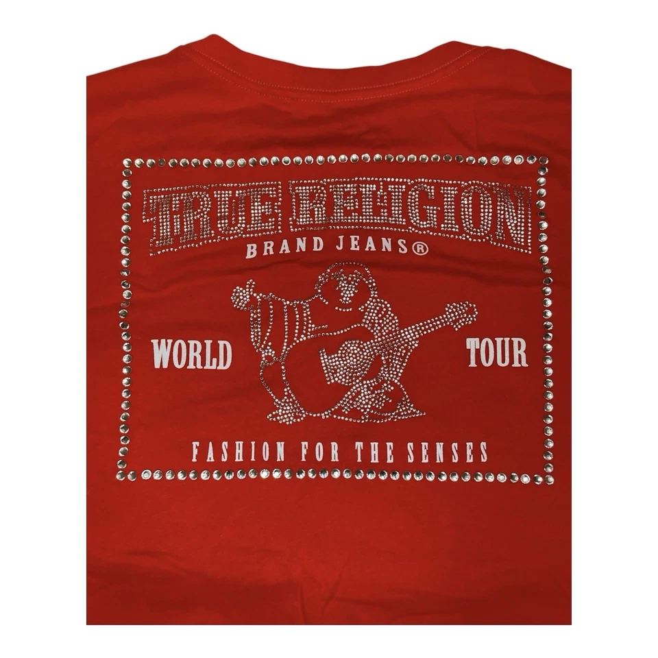 NEW True Religion Women’s Buddha V-Neck Shirt Rhinestone Diamond Logo Red 2XL - Image 4 of 4