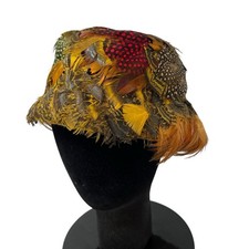 Vintage Women's Pheasant Feather Hat Cap Size 7 Retro 1940's Union Made in USA