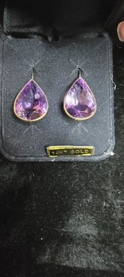 14K Gold große natürliche Amethyst Birnenschliff Statement Ohrringe moderne Einfassung Set