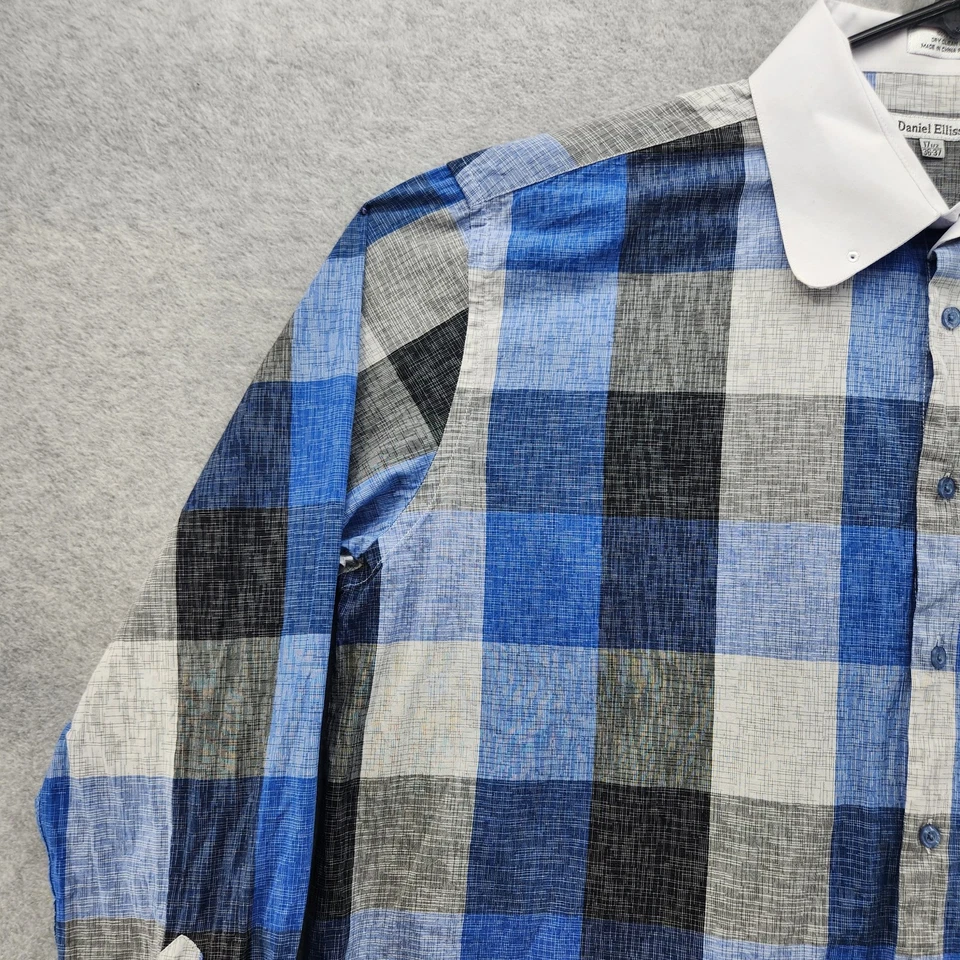 Camisa Daniel Ellissa Para Hombre 17.5 36-37 Azul Gris A Cuadros Puño Francés Cuello en Contraste Foto 4 de 4