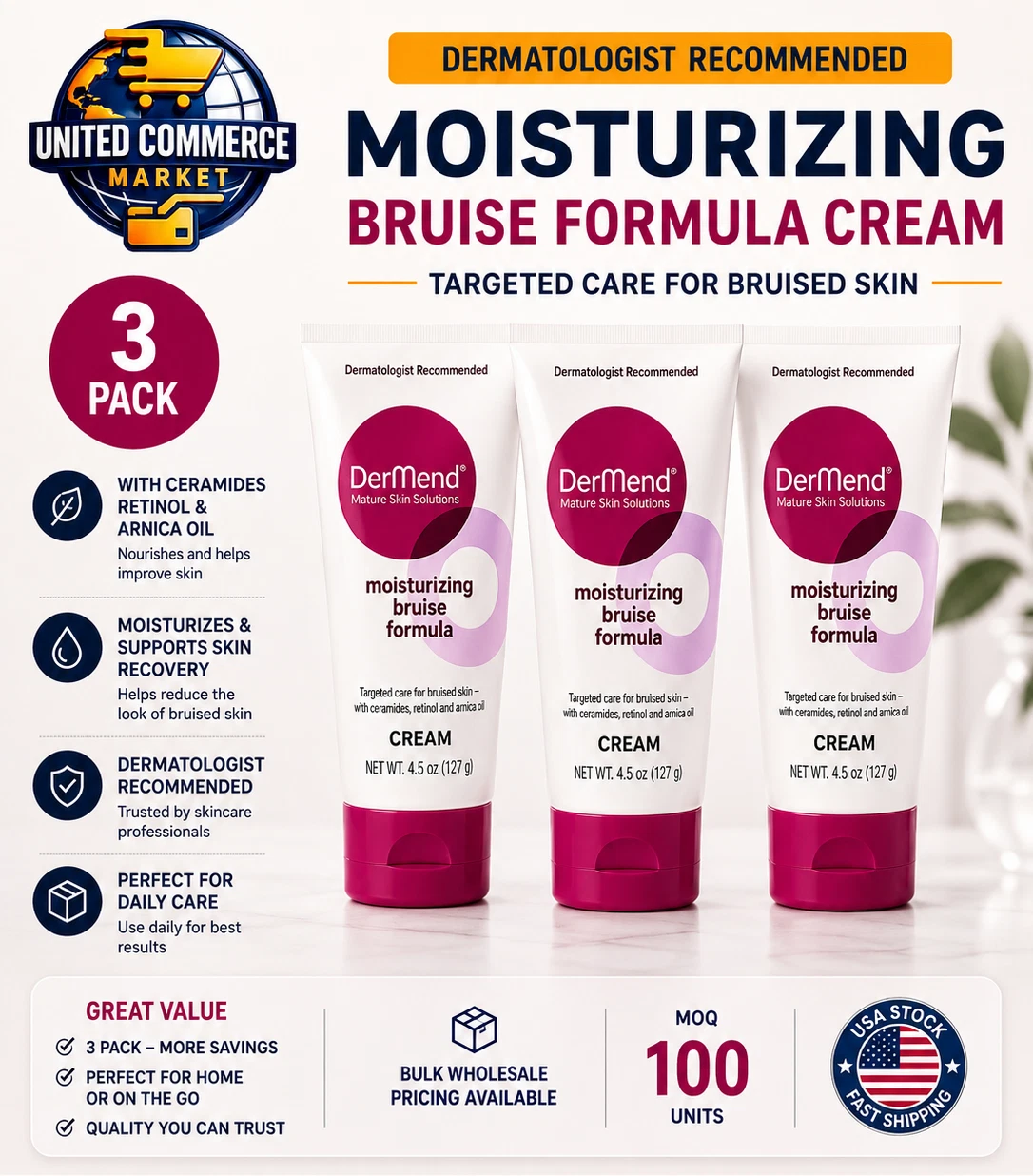 Dermend Moisturizing Bruise Formula Cream 4.5 Oz. Factory Sealed Pack of 3!