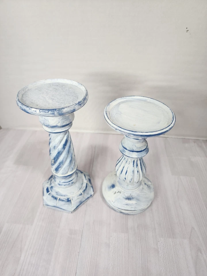 Juego de 2 pilares de velas francesas Shabby Chic Country azul blanco SOLO USADOS EN EXCELENTE ESTADO Foto 2 de 4