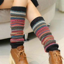 Women Striped Crochet Knit Knee Leg Warmers Leggings Slouch Boot Socks Winter