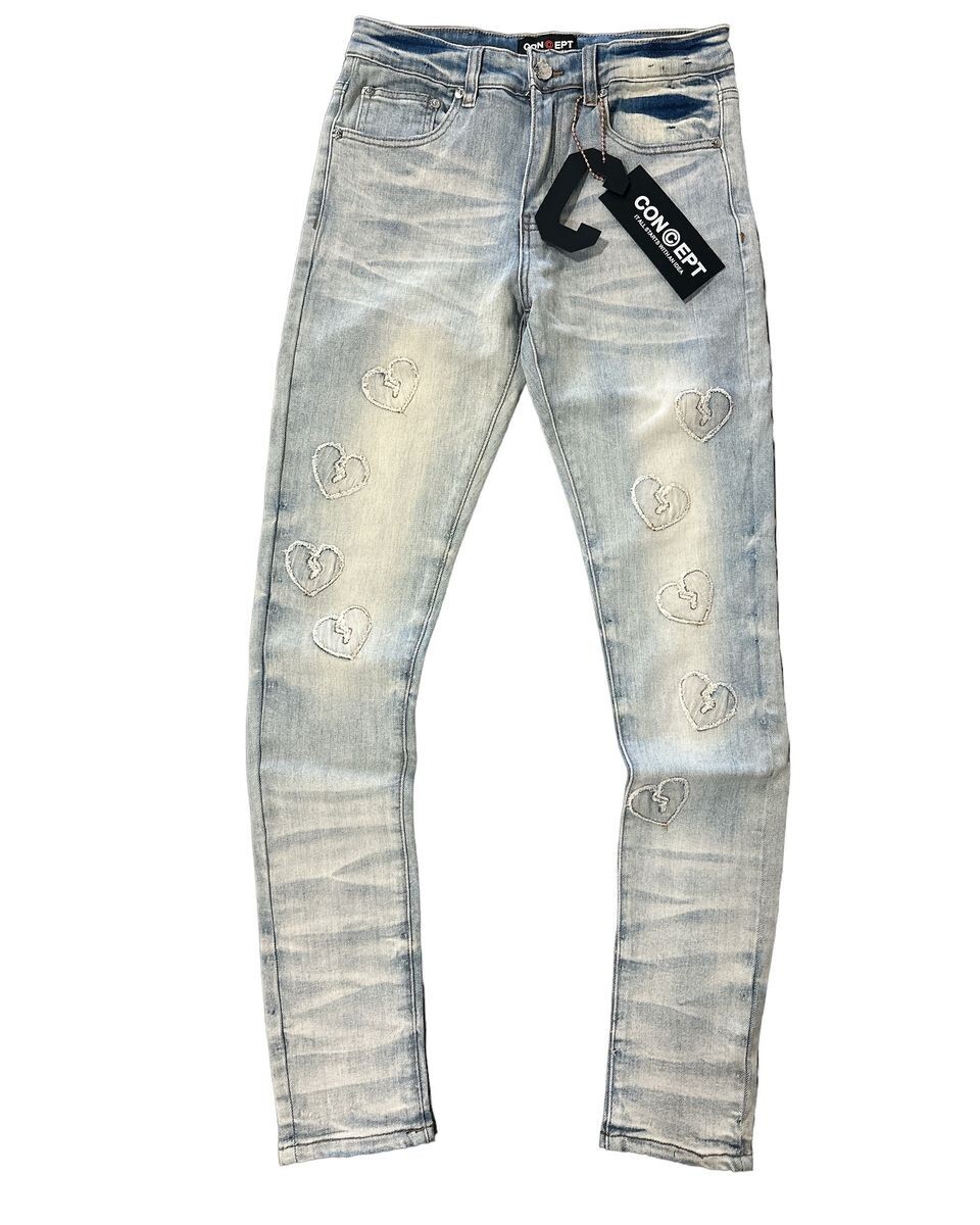 Men's Streetwear Light Blue Slim Fit Heart Denim Jeans By Concept LA