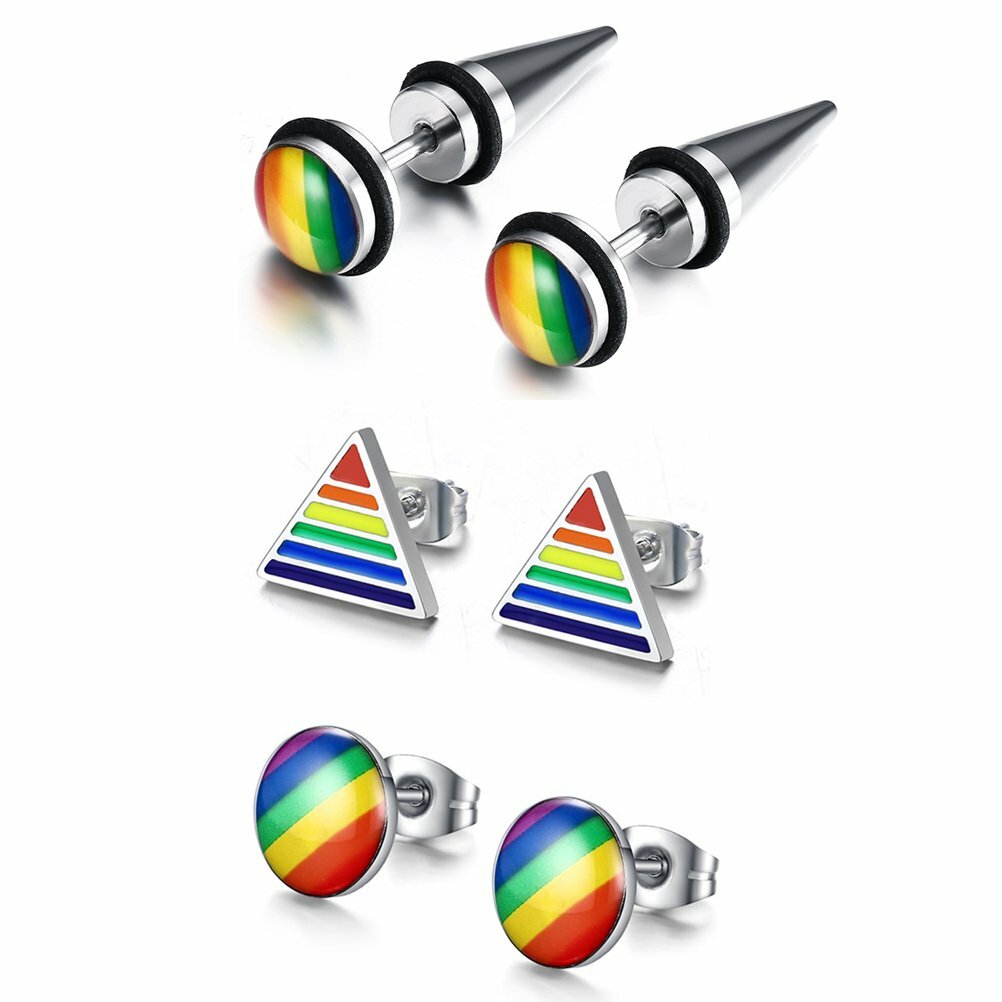3 Pairs Rainbow LGBT Pride Ear Studs Stainless Steel Fashion Earrings