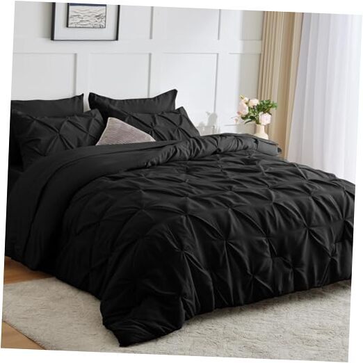 Bed in a Bag Set 7 Pieces Bedding Set Pintuck Bed Comforter Set Queen Black