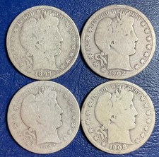Set Lot 4 FOUR Barber Half Dollars 1897-P 1902-O 1903-S 1908-S silver Coins B339
