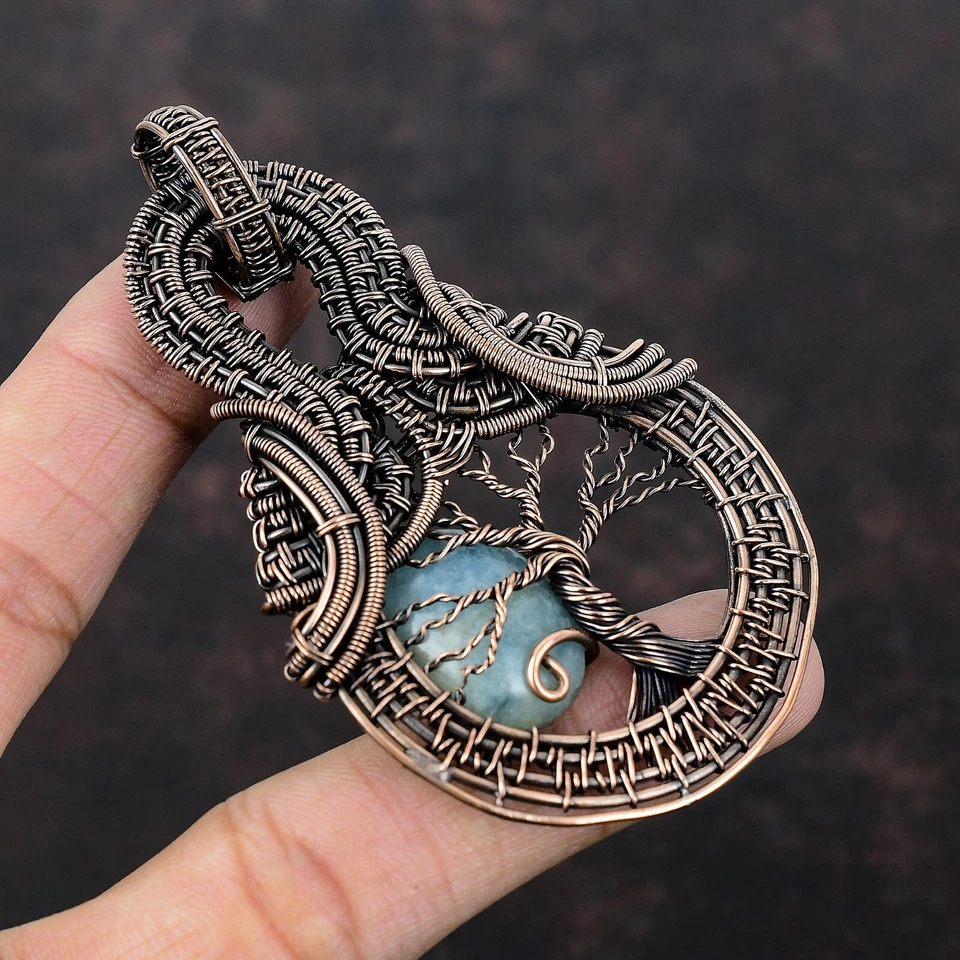 Подвеска из проволоки с аквамарином Tree Of Life ручной работы медная праздничная 3,35 дюйма - Изображение 2 из 4