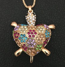 Pink/Multi-Color Crystal Flower Heart Turtle Pendant Necklace
