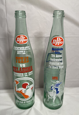 2 Dr. Pepper Commemorative Bottles 79th Fat Stock Show 1975 & Texas vs. OU 1973