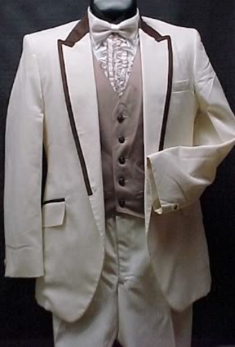 VINTAGE IVORY & BROWN SATIN 4pc TUXEDO OR RETRO TUX JACKET PROM WEDDING PARTY